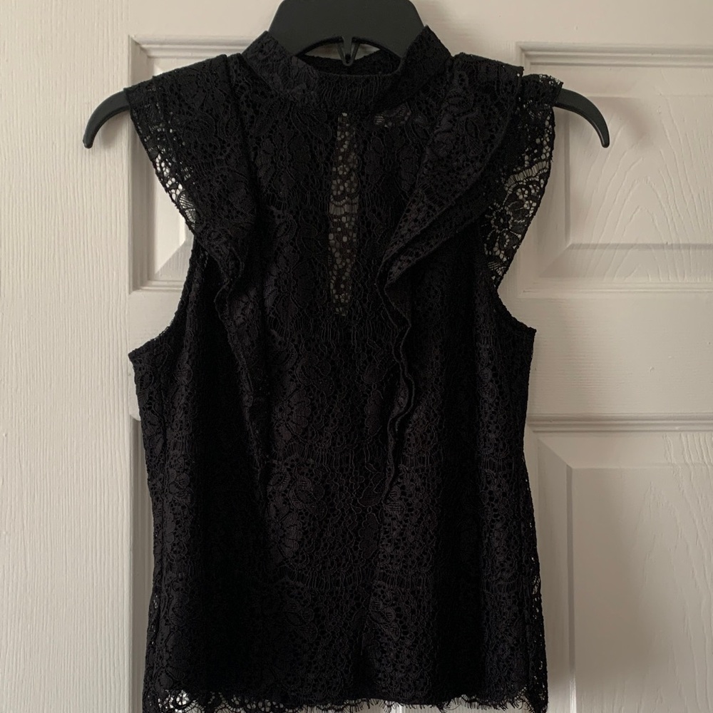 H&M Black Lace Ruffle Mock Neck Sleeveless Top